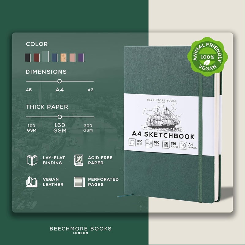 Beechmore Books دفتر رسم A4 – 8.5x11 جلد نباتي فاخر كبير مع 156 صفحة سميكة 160gsm بيج عاجي مثقبة، دفتر رسم فارغ، مع علبة هدايا، جيب خلفي، علامة مرجعية من الشريط - Image 2